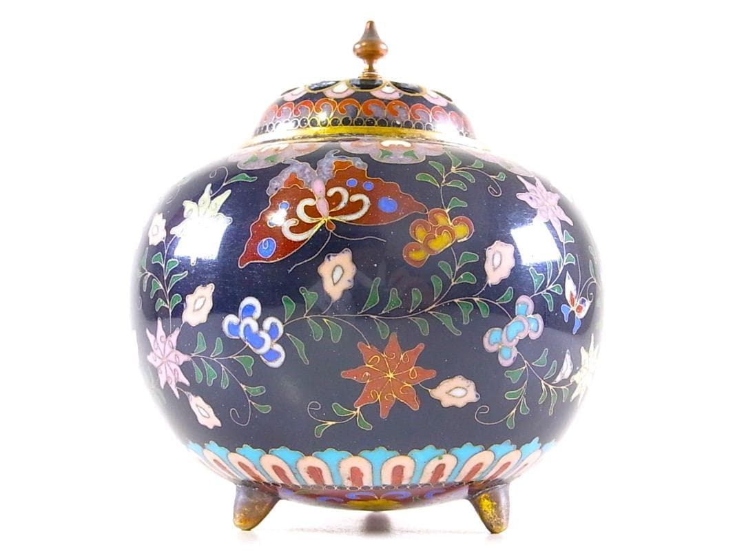 E543 】 煌びやかな超名品 明治期尾張七宝上手作 黄銅線七宝鳳凰蝶文