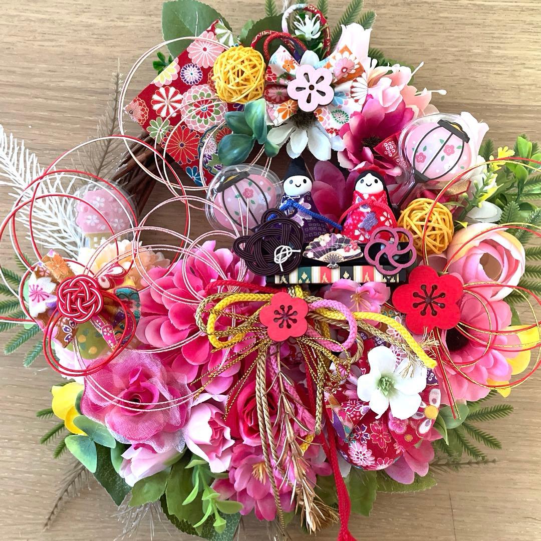 ピンクの花の扇形リース❣️ayu❣️3点セット❣️