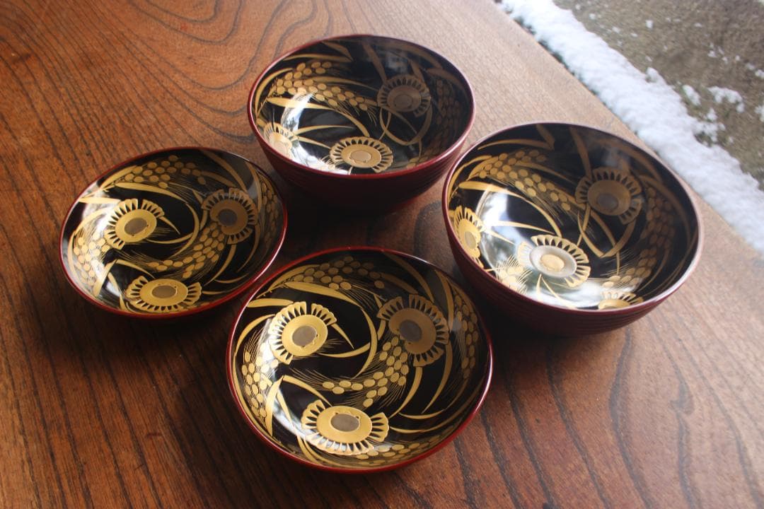 極小保管傷のみ！深みある糸目紅溜塗に極上稲穂福来雀蒔絵のお椀2点（検輪島塗雑煮椀