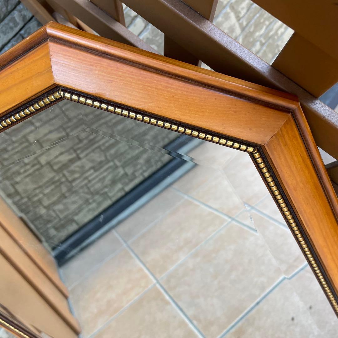 アンティーク調 イタリア製 8角 壁掛けミラー 鏡 木製額縁 ウォールミラー