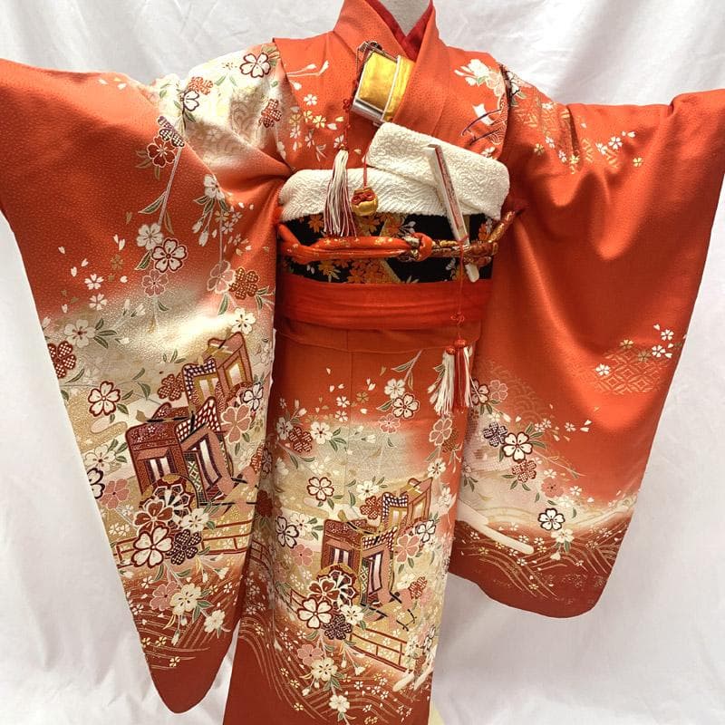 510ag7■七五三 七歳 女児 着物&袋帯&長襦袢 御所車 トール■美品