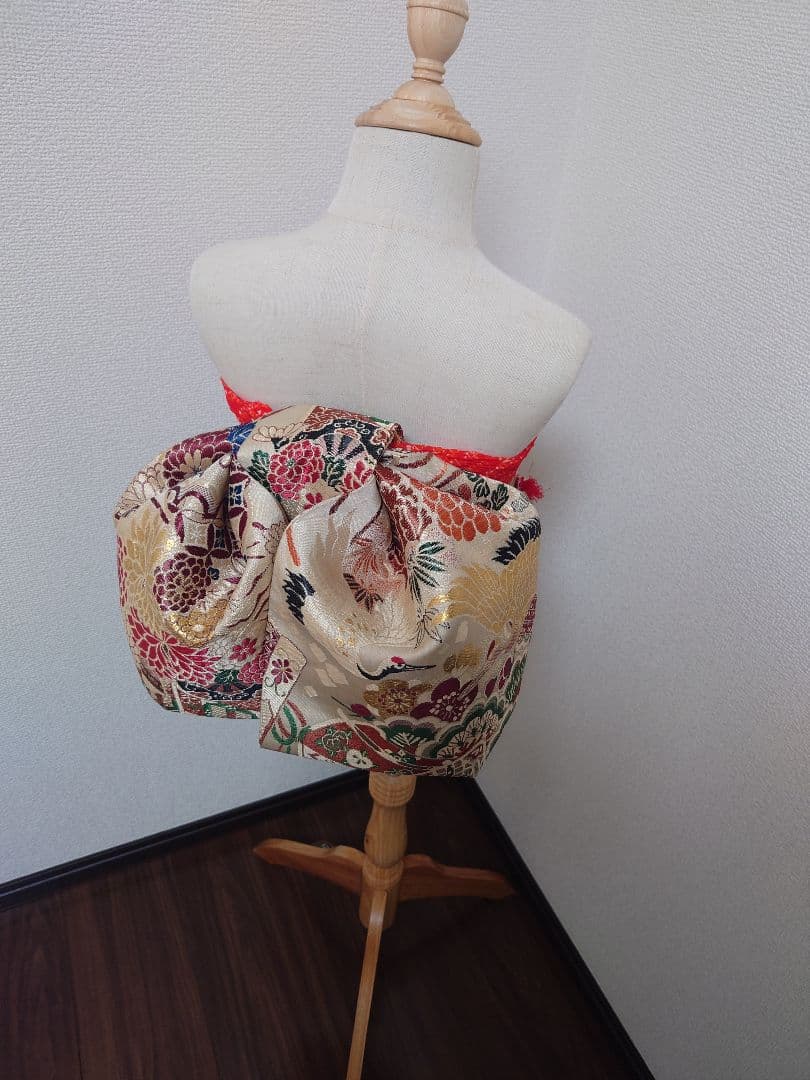 正絹袋帯からの作り帯　文庫結び　アンティーク　七五三ジュニア帯　鶴　一点物