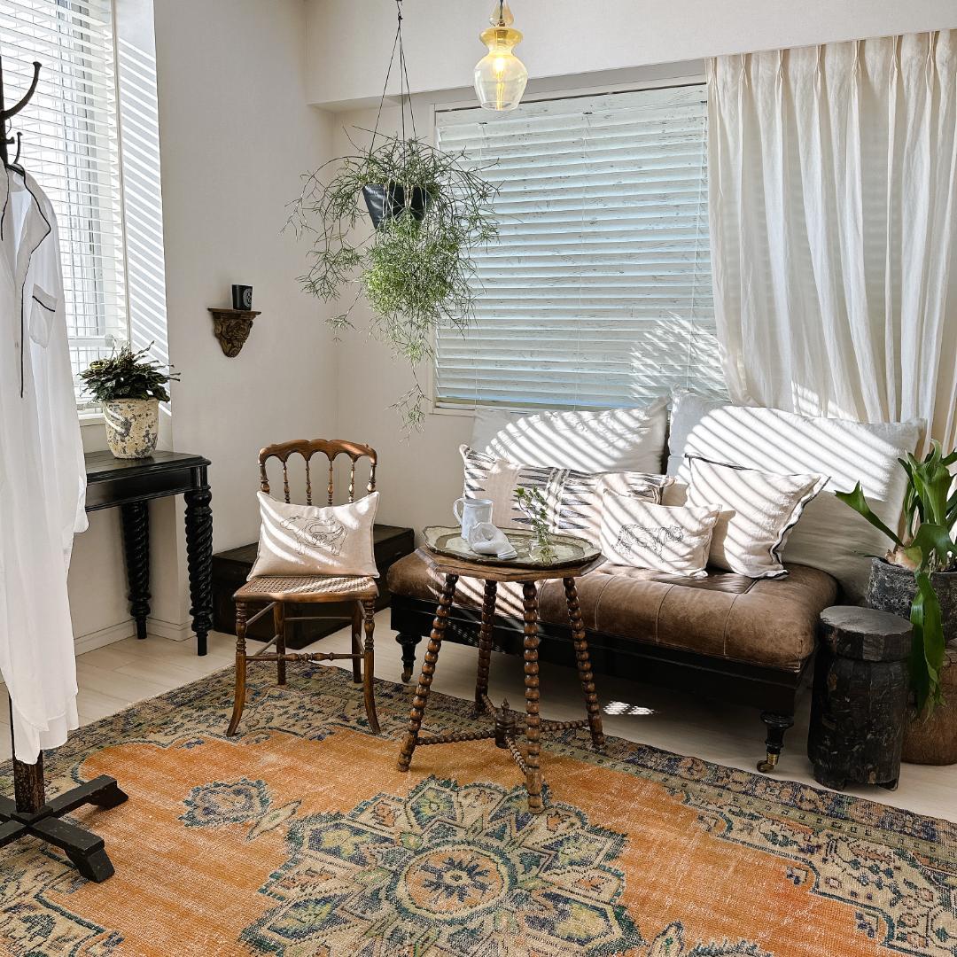 トルコ ヴィンテージラグ A135 超大判 オレンジ ネイビー ターコイズ