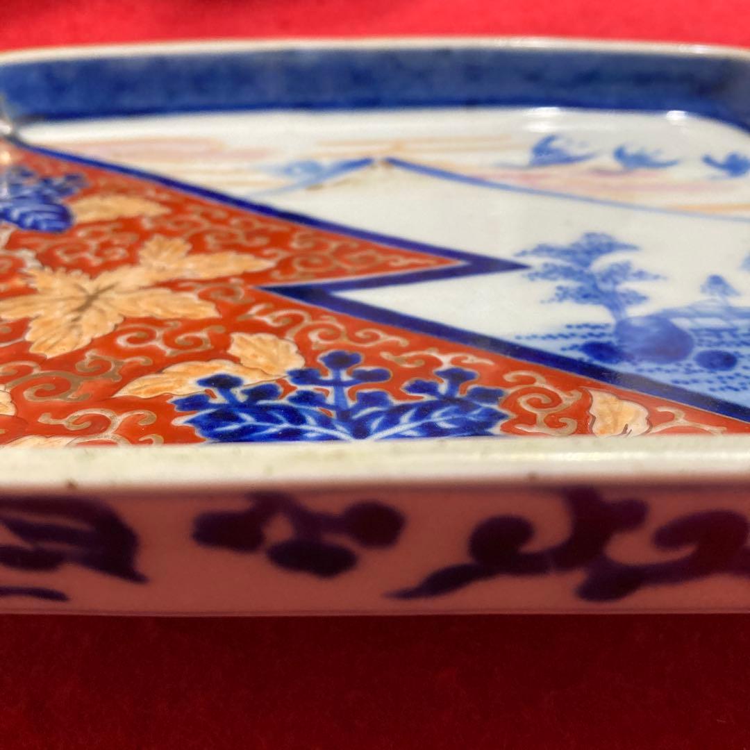 （珍）レトロアンティーク　佐賀　古伊万里焼　白磁色絵　唐草桐紋錦絵角皿