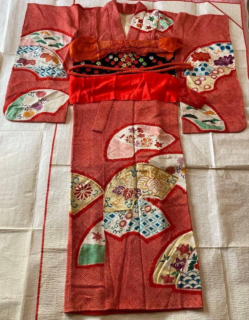 アンティーク総絞り金糸振袖　七五三　7歳着物帯小物セット　卒業式　袴　十三参り