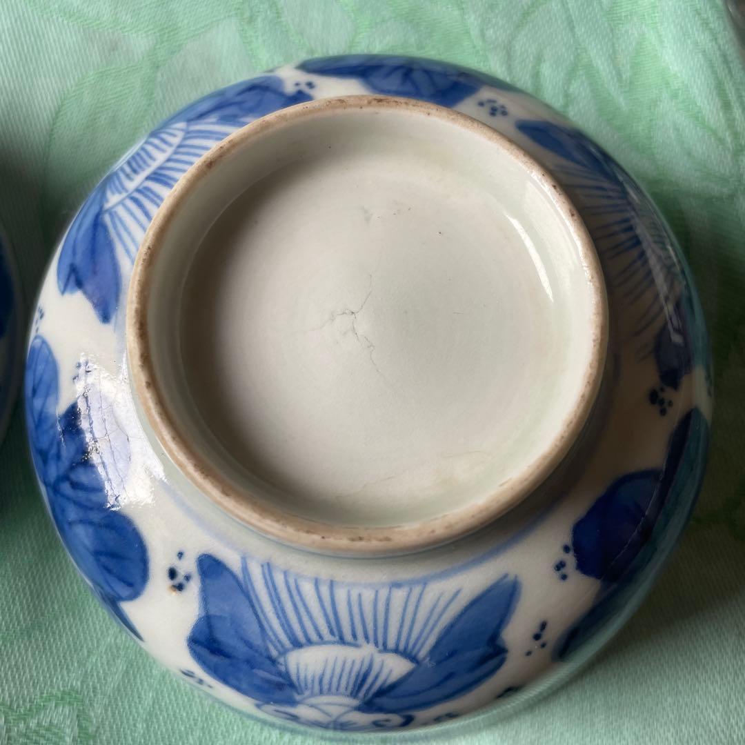 江戸末期 時代染付 煎茶碗 雷紋に草花文様 手のひらサイズの骨董 四客