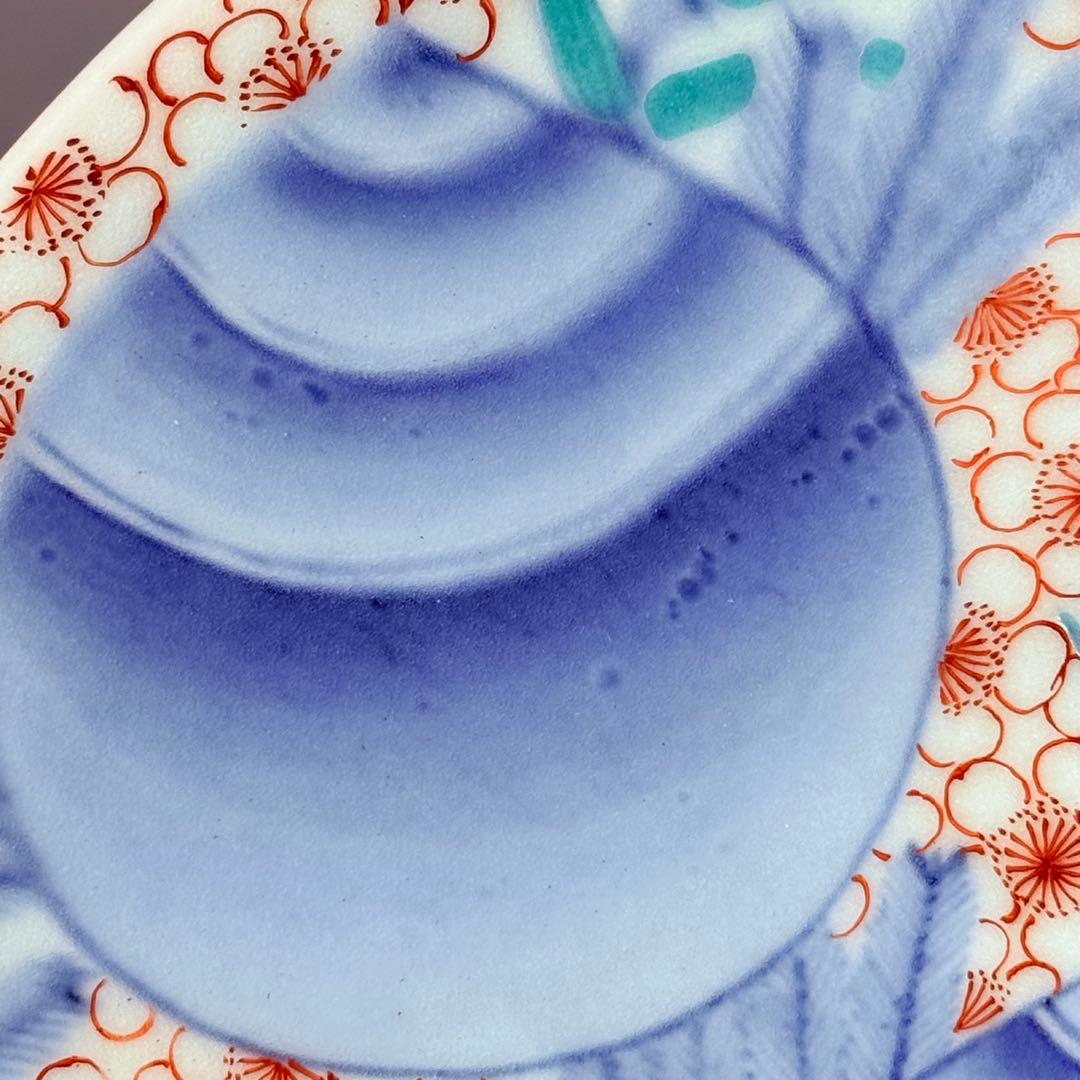 後期鍋島 献上品 色絵宝珠文高台皿 櫛文様高台 共箱 赤絵 桜文様