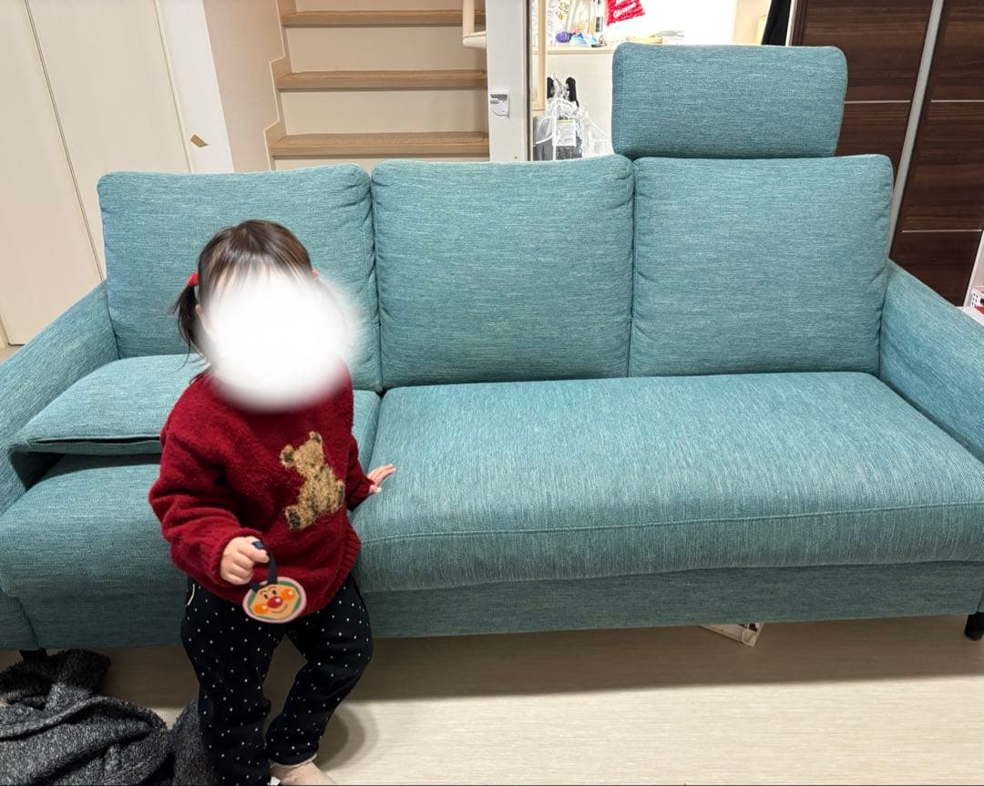 【群馬県での受け取り】ニトリ L字型 ソファ 青　クッションあり　3人がけ