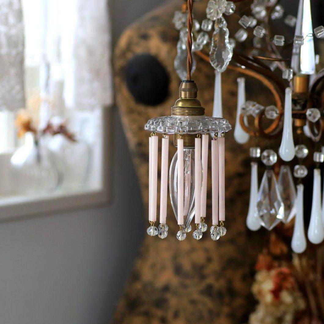 bフランスアンティーク　ピンクオパリンストロードロップミニシェード/シャンデリア