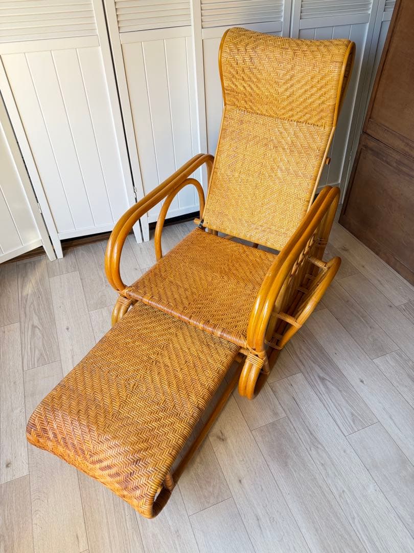 ラタンリクライニングチェア オットマン付き 籐家具 1人掛けソファー