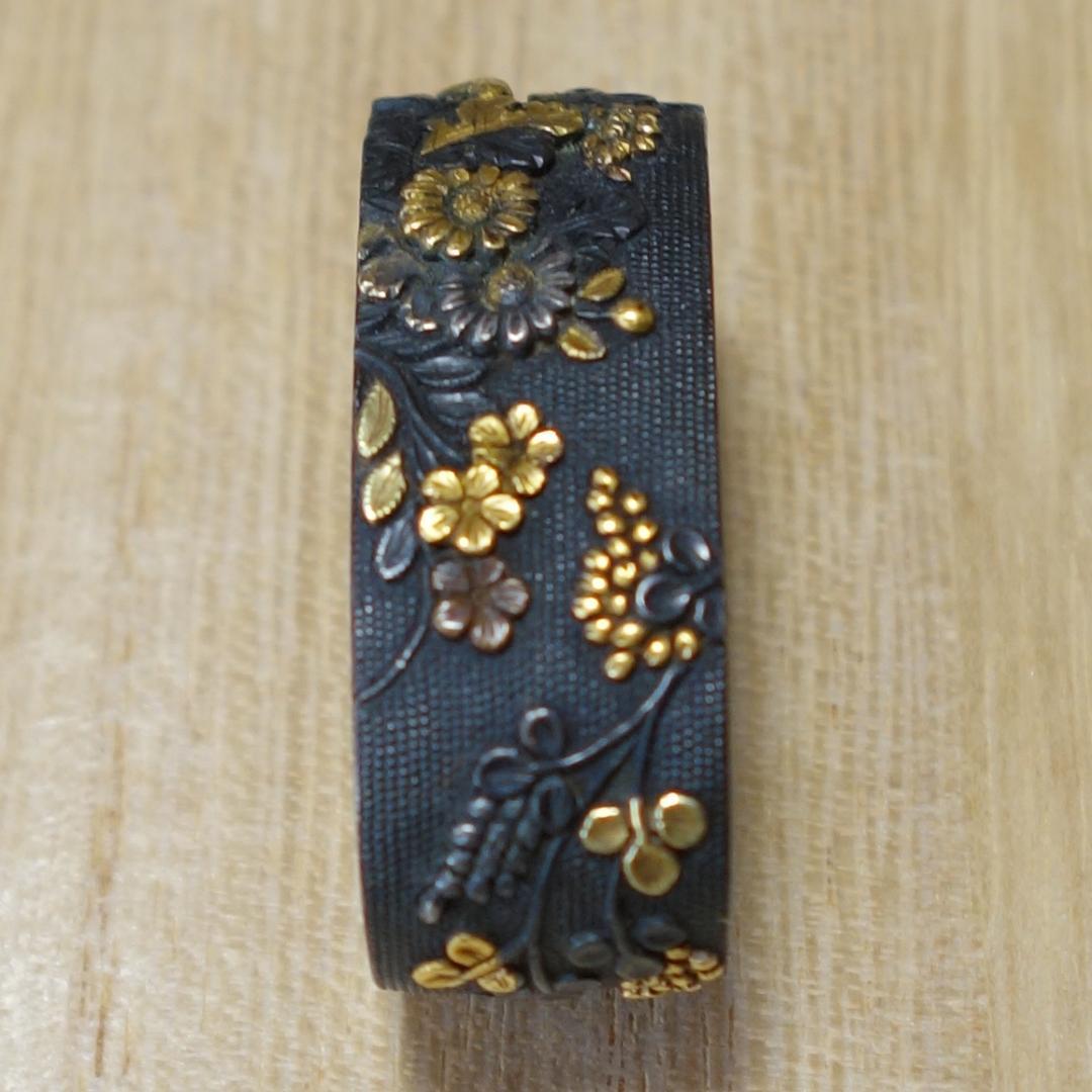 赤銅魚子地 金銀銅象嵌 草花図縁 】刀装具 縁頭 鍔 鐔 日本刀 武具