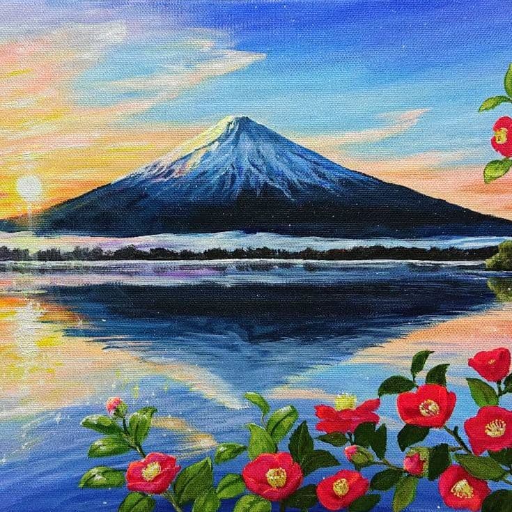 富士と椿】アクリル画 F3 風景画 絵画 - メルカリ