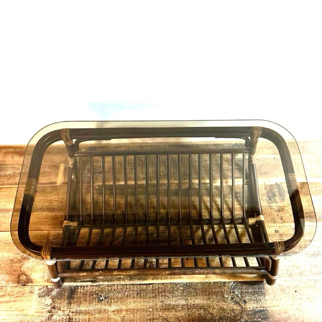 アンティーク ラタン ローテーブル 籐 ガラス天板 ヴィンテージ 小ぶり