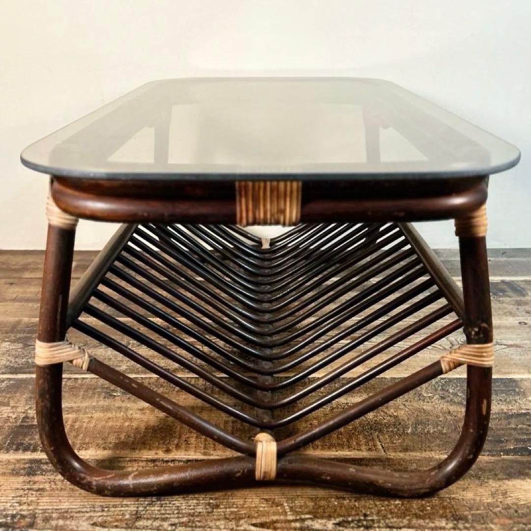 アンティーク ラタン ローテーブル 籐 ガラス天板 ヴィンテージ 小ぶり