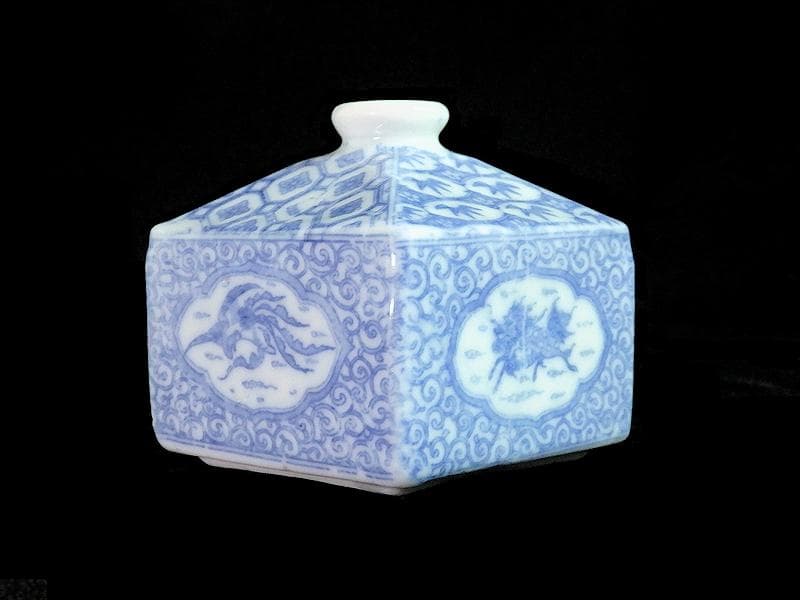 伊万里　瀬戸　染付　印判　鳳凰に麒麟の図　油壷　E416AS-fbko