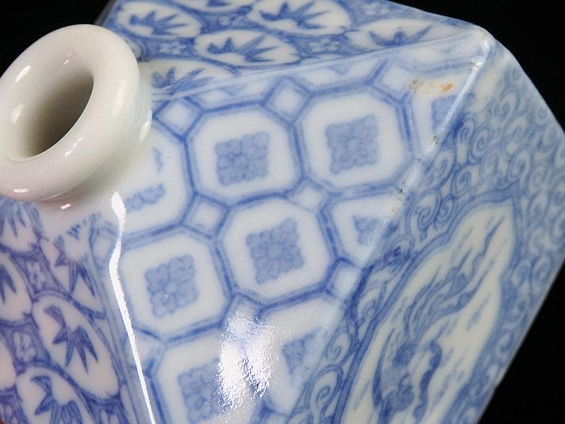 伊万里　瀬戸　染付　印判　鳳凰に麒麟の図　油壷　E416AS-fbko