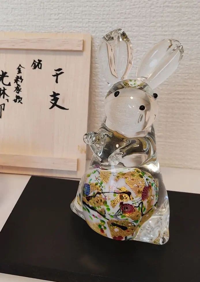 超希少品☆黒木国昭 光琳 金彩象嵌 干支 卯 ガラス工芸 うさぎ
