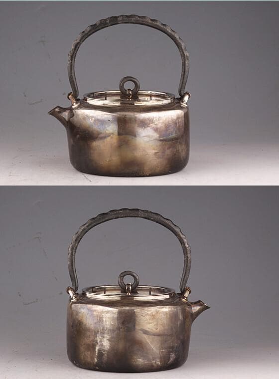 ◇北村靜香 造 銀瓶 純銀 南鐐平安形瓶 鉄の釣手◇