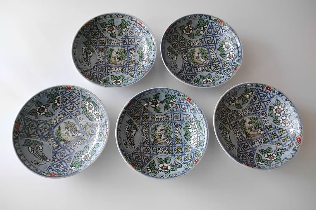 金継ぎ　四方花紋鳥図　小鉢　五個　六代佐藤走波　有田焼　手造　手描