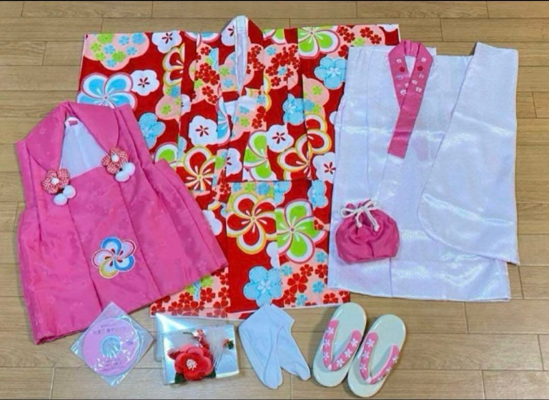 七五三 子供用 着物 セット 被布着 赤　レトロ ピンク 花柄