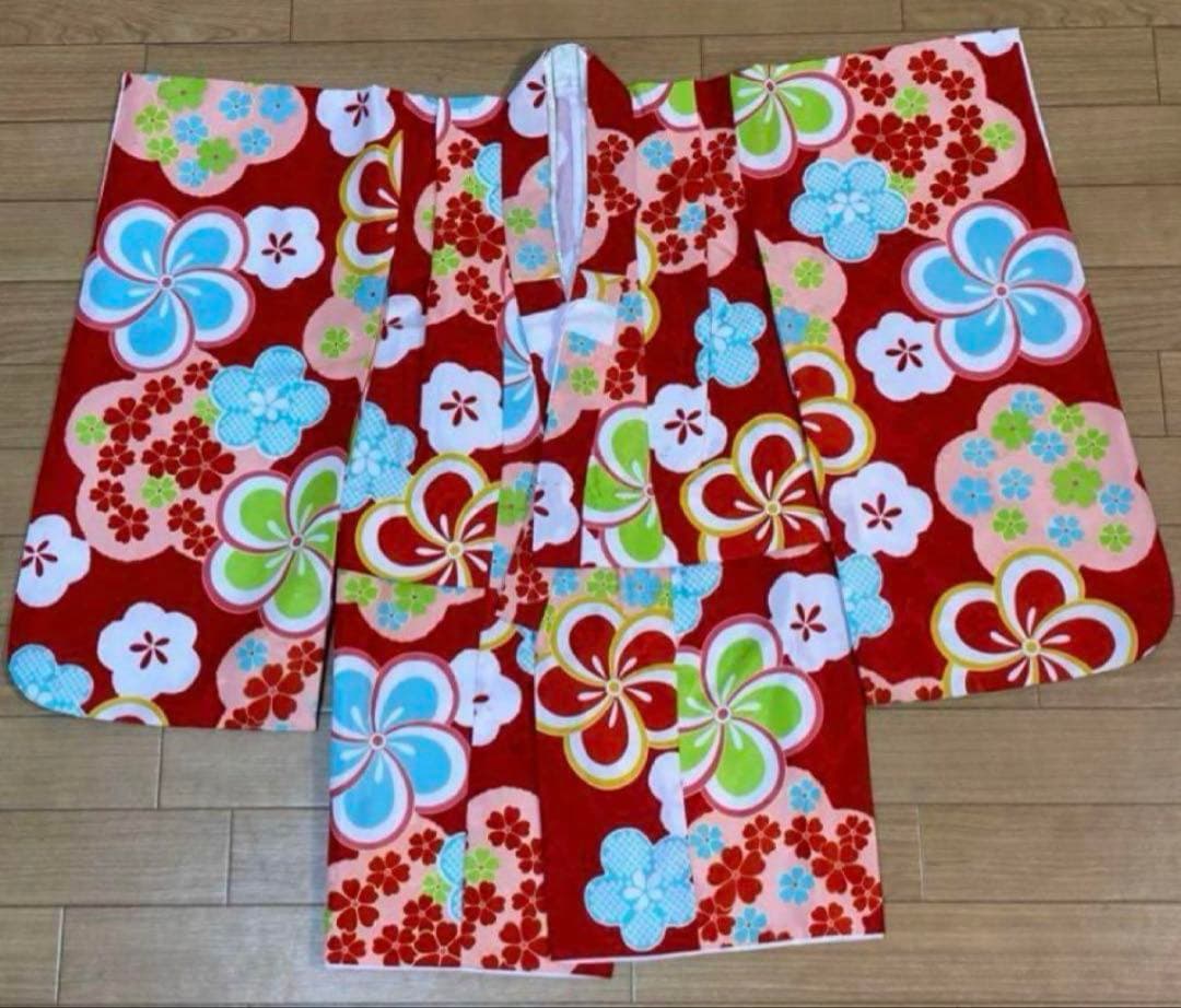 七五三 子供用 着物 セット 被布着 赤　レトロ ピンク 花柄