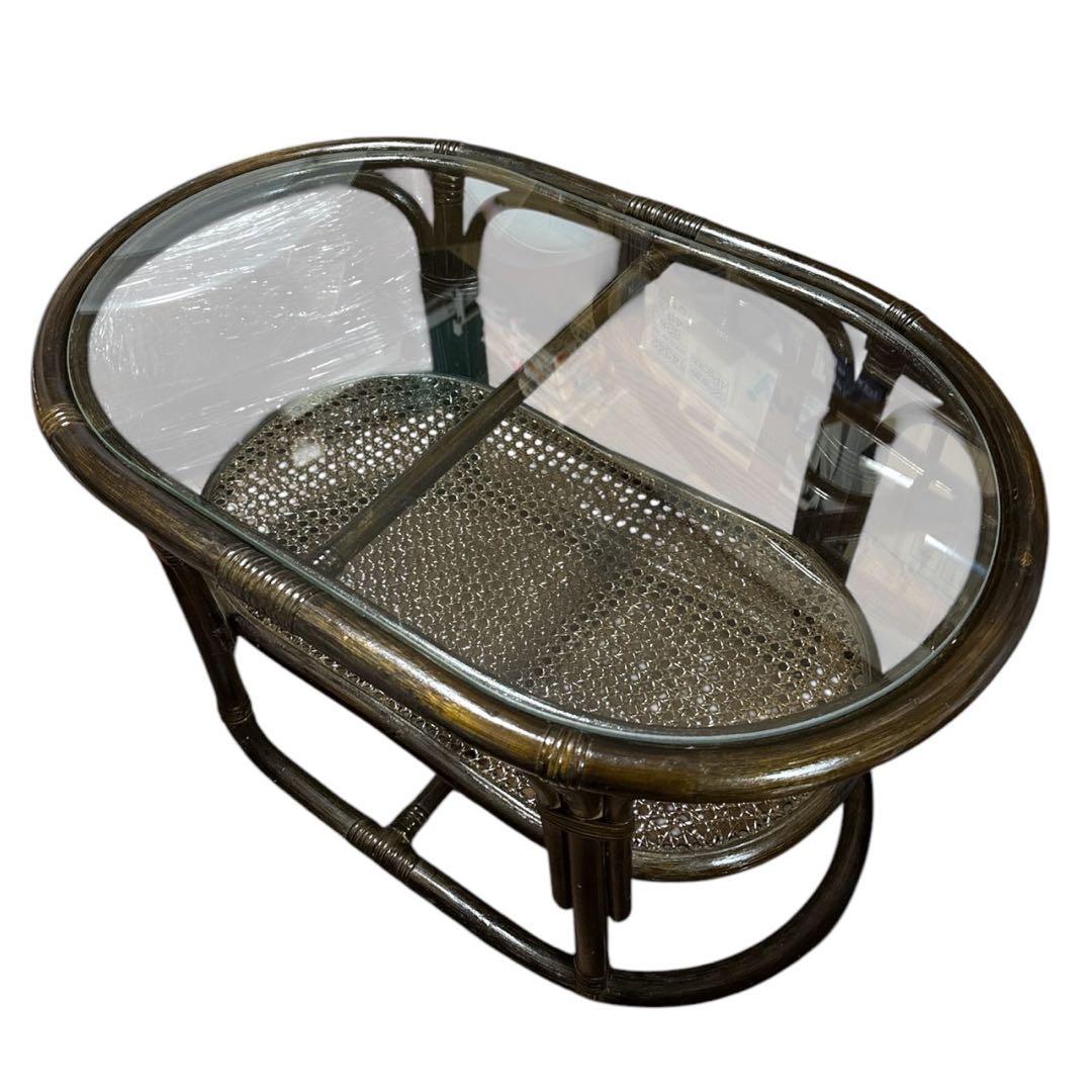 【美品】ラタン 楕円形センターテーブル サイドテーブル 丸型 ガラステーブル　藤