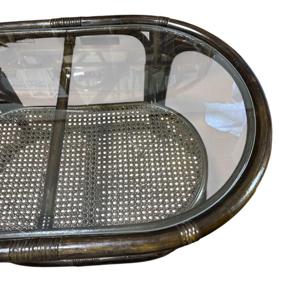 【美品】ラタン 楕円形センターテーブル サイドテーブル 丸型 ガラステーブル　藤