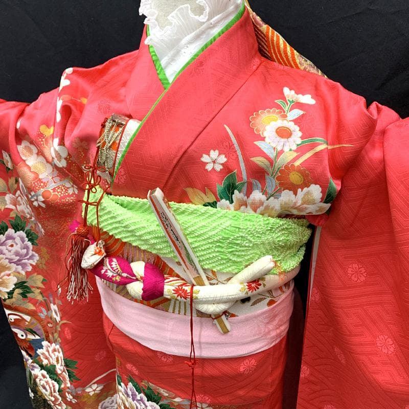 501ag92□七五三 七歳 女児 着物&袋帯 金駒刺繍 鴛鴦 花 ピンク□美品