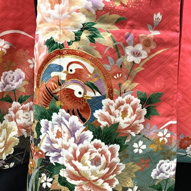 501ag92□七五三 七歳 女児 着物&袋帯 金駒刺繍 鴛鴦 花 ピンク□美品