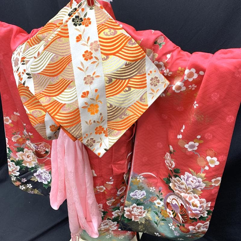 501ag92□七五三 七歳 女児 着物&袋帯 金駒刺繍 鴛鴦 花 ピンク□美品