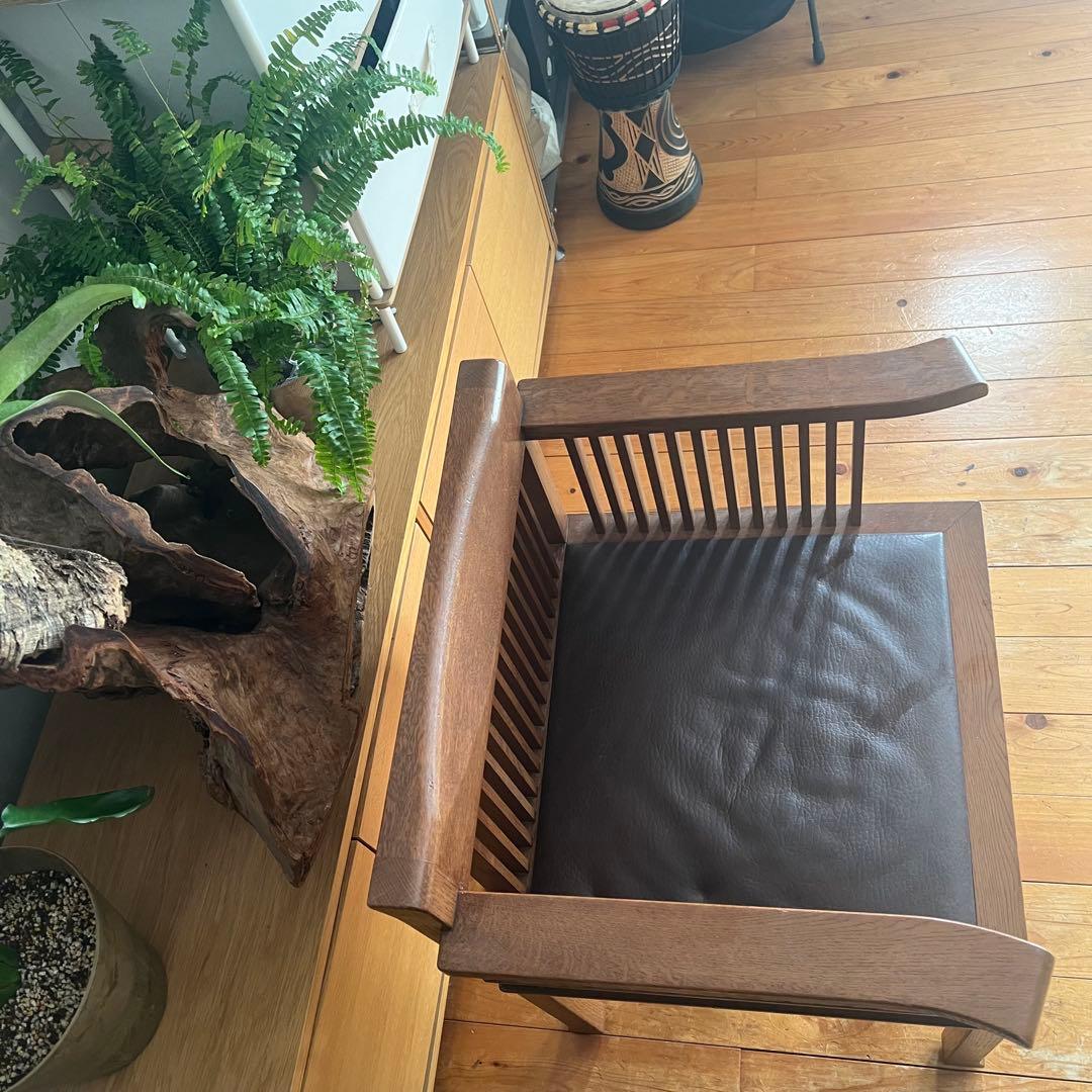 【旭川家具】ヴィンテージ 木製肘掛け椅子 ブラウンクッション付き