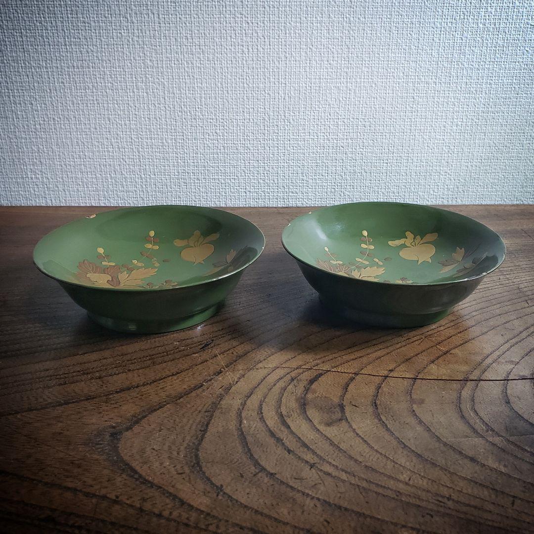 銘々皿 漆器 緑漆 青地 小皿 木製 金蒔絵 蕪 大根 なずな 明治 2枚 イ