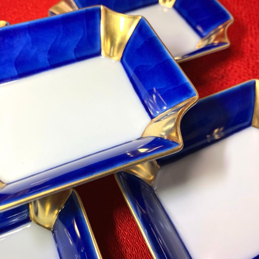 深川製磁 染錦金彩 隅切長角小皿揃 5客セット