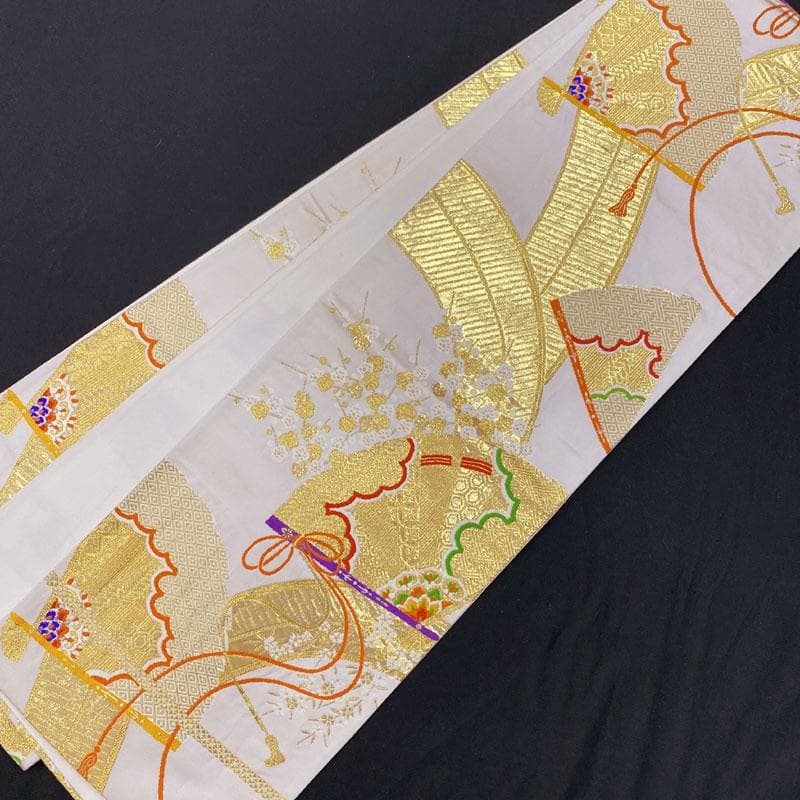 503ag59◎西陣織 七五三 7歳 全通袋帯 ハーフ成人式 金糸 梅扇 白◎