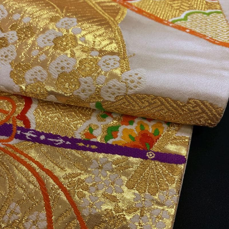 503ag59◎西陣織 七五三 7歳 全通袋帯 ハーフ成人式 金糸 梅扇 白◎