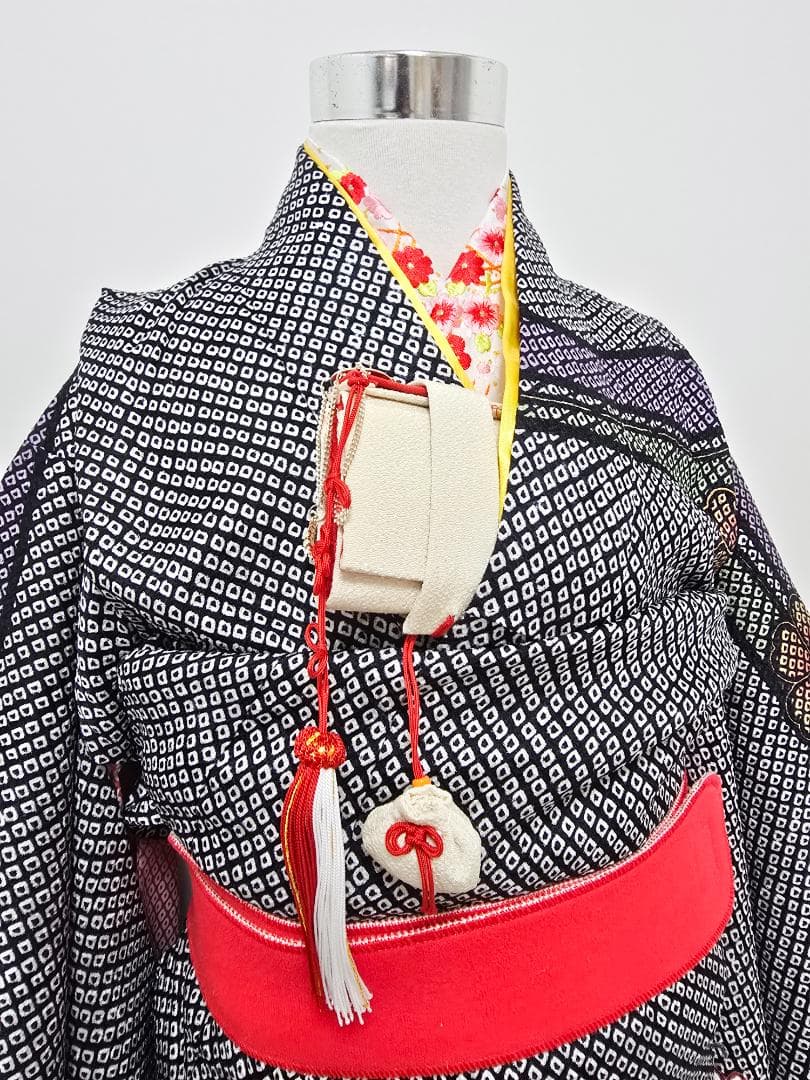 七五三　7歳　黒　総絞り　正絹　着物　セット　女の子 *c81