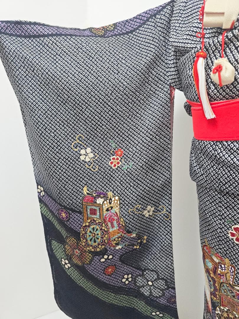 七五三　7歳　黒　総絞り　正絹　着物　セット　女の子 *c81