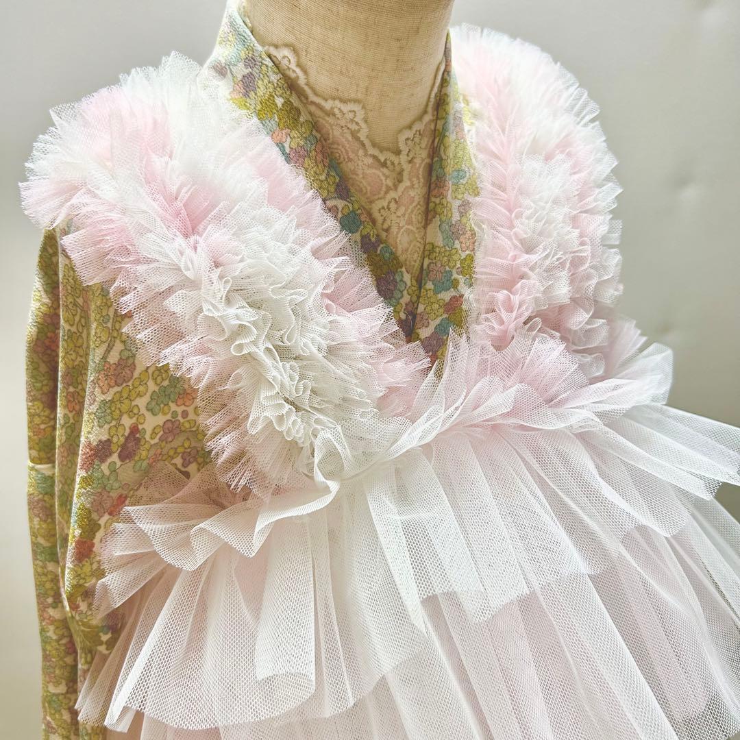 被布エプロン【ホワイトピーチフリル】 チュール被布 被布ドレス