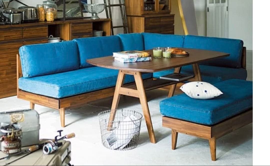 unico スウェラ L字(2脚)ソファーベンチ【星型のデニムクッション付き】