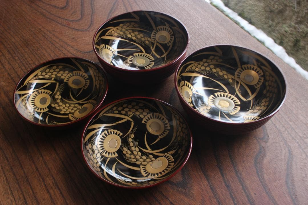 デッドストック！深みある糸目紅溜塗に極上稲穂福来雀蒔絵のお椀2点（検輪島塗雑煮椀