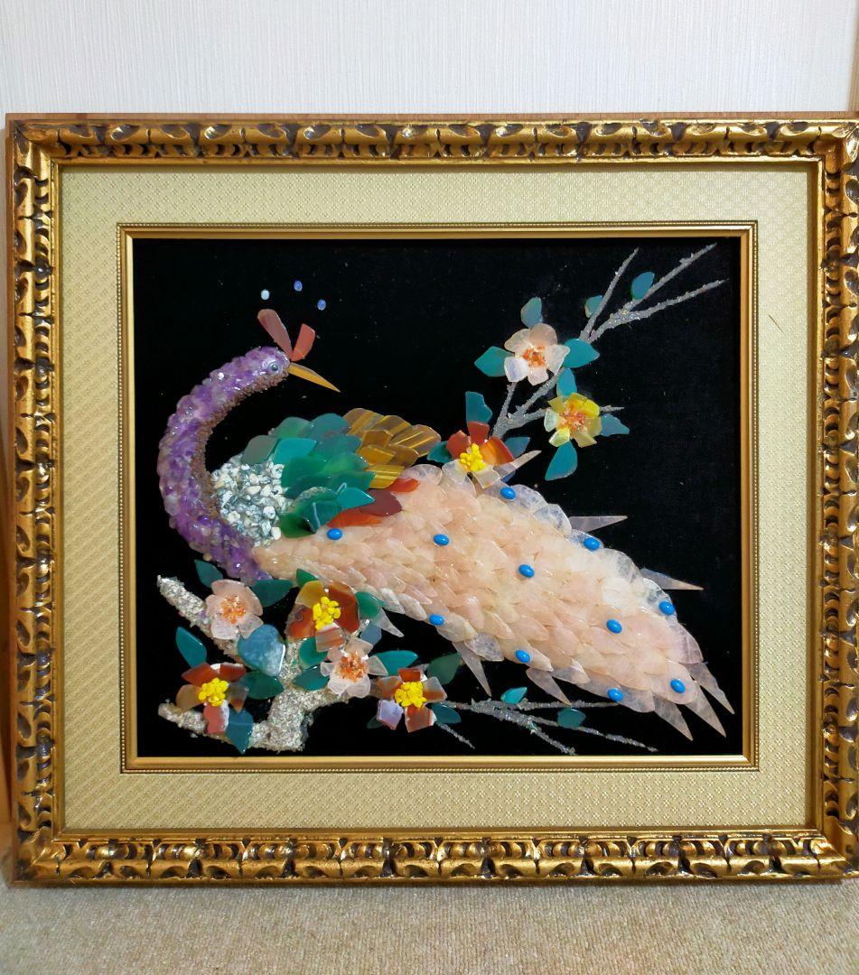セール✨天然石細工の絵画（69cm) 宝石絵 木額縁 美術工芸品 昭和