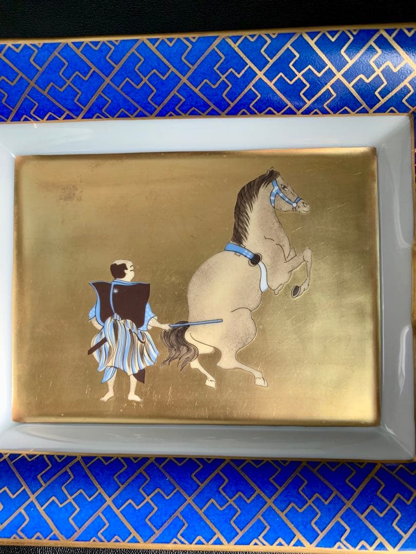 エルメスHERMES灰皿3H手描き 飾り皿 和柄 武士 馬 金彩 陶器小物入れ