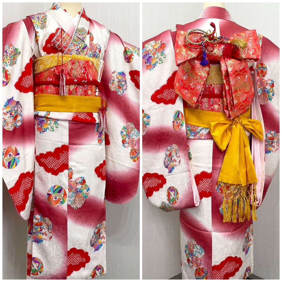 七五三 女の子 七歳用　正絹　部分絞り　古典柄　振袖　セット