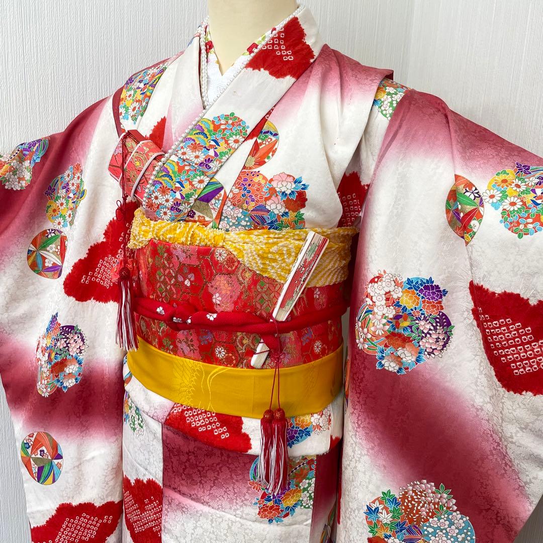 七五三 女の子 七歳用　正絹　部分絞り　古典柄　振袖　セット