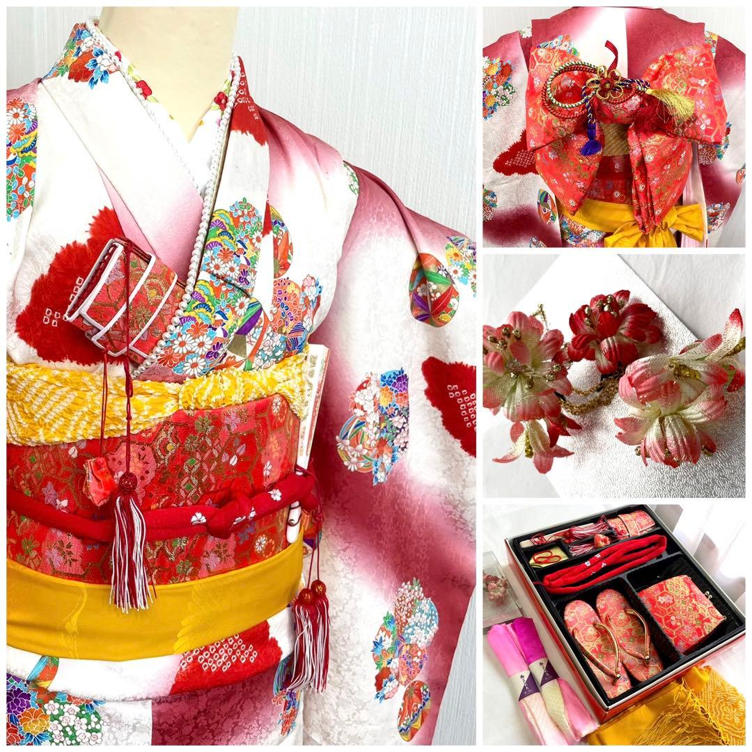 七五三 女の子 七歳用　正絹　部分絞り　古典柄　振袖　セット