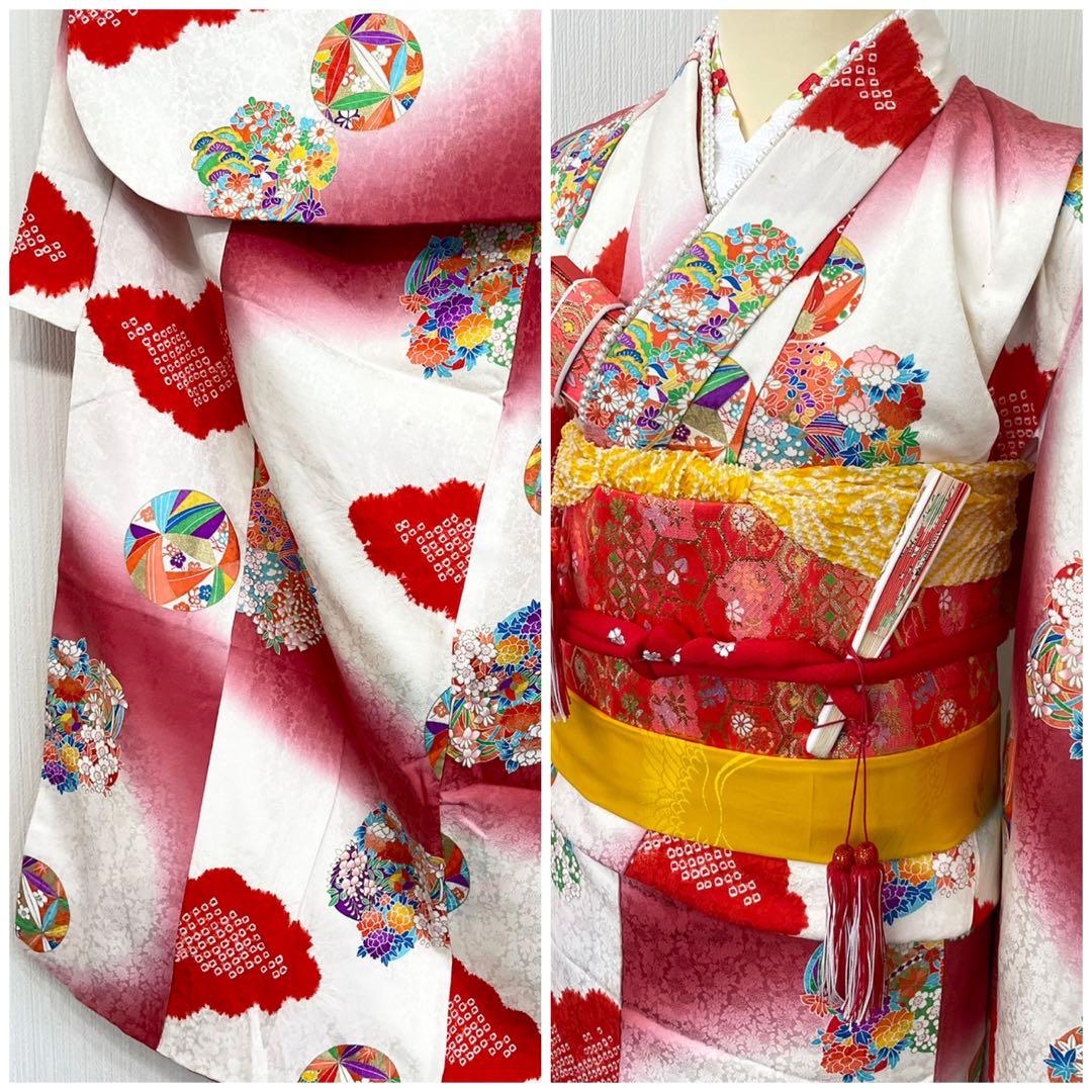 七五三 女の子 七歳用　正絹　部分絞り　古典柄　振袖　セット