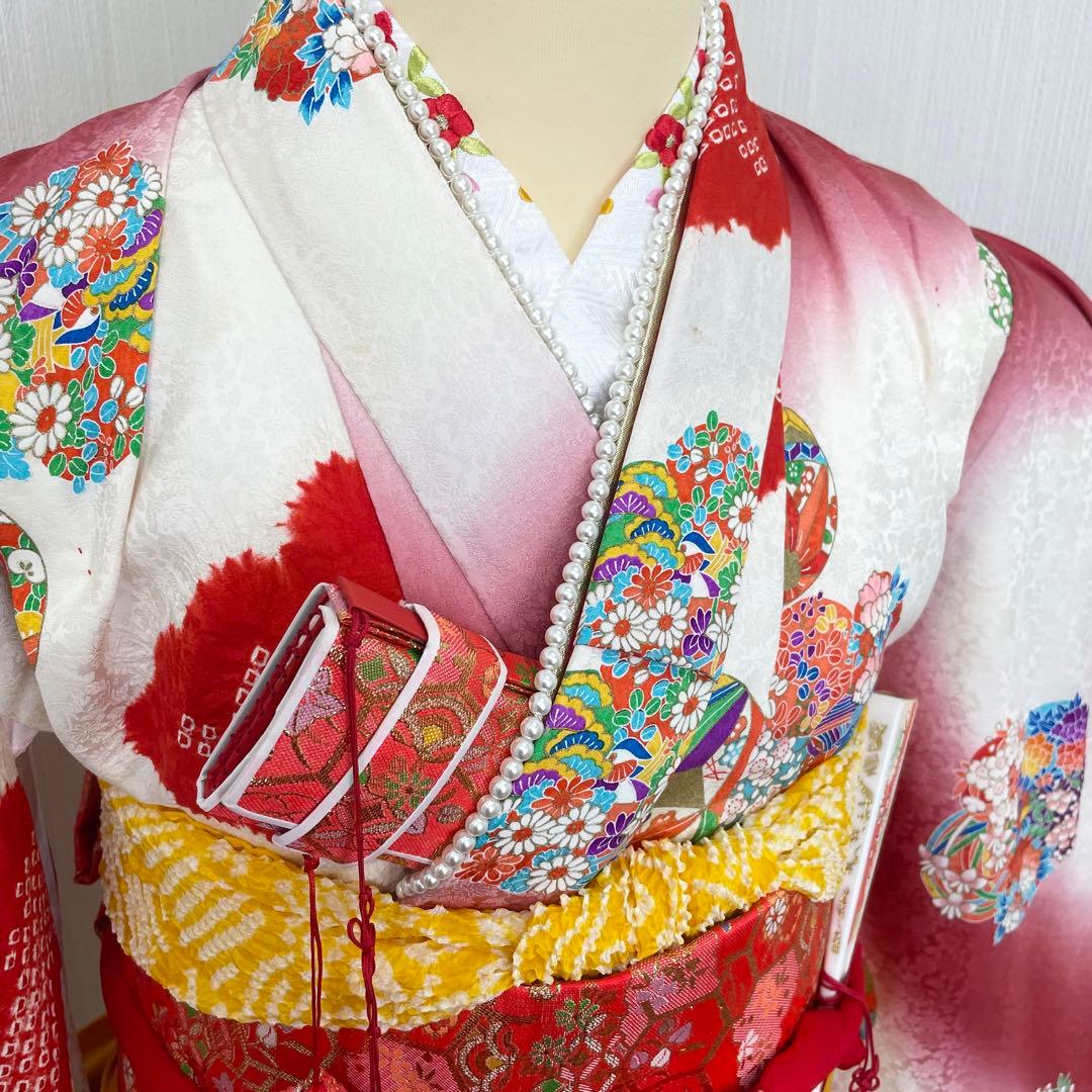 七五三 女の子 七歳用　正絹　部分絞り　古典柄　振袖　セット