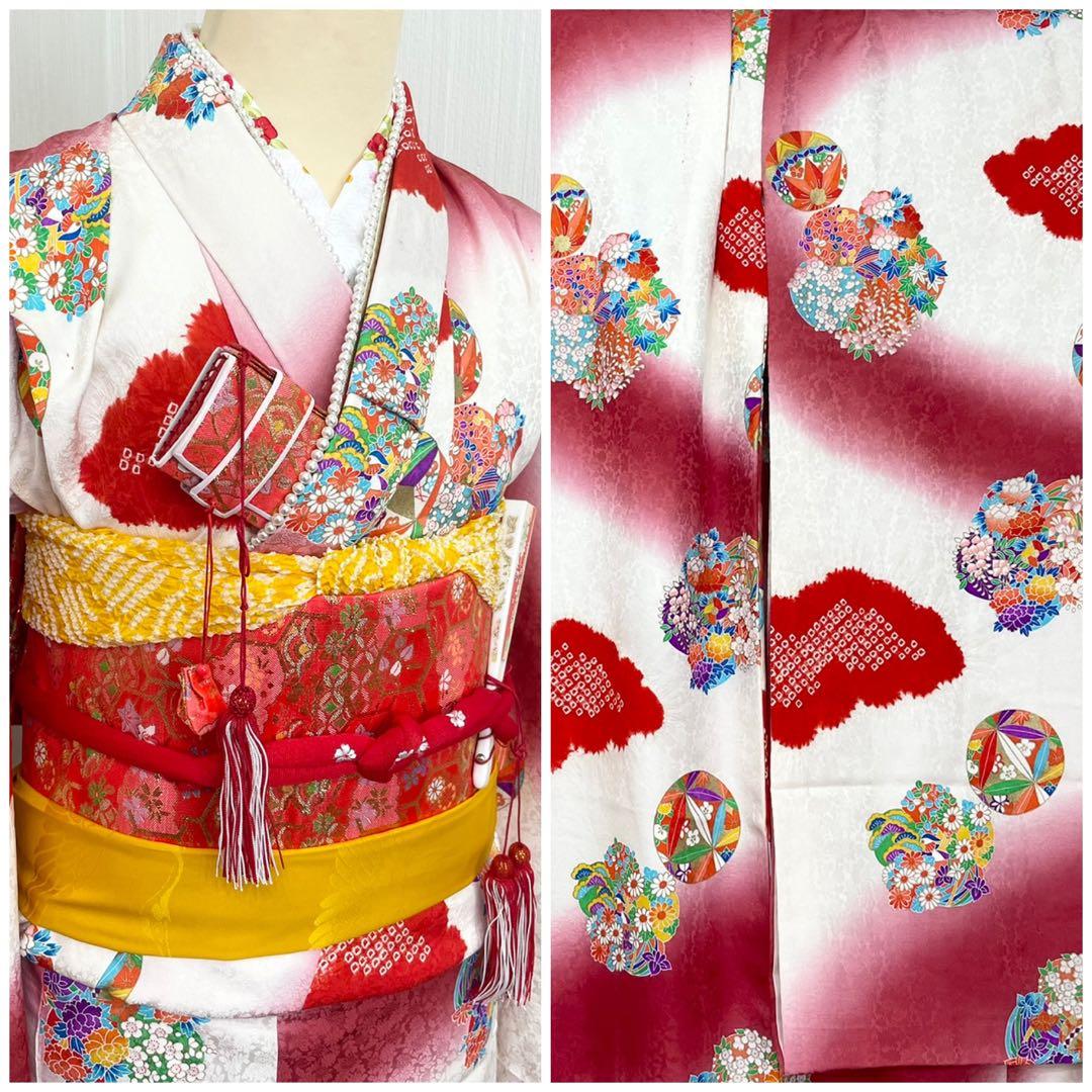 七五三 女の子 七歳用　正絹　部分絞り　古典柄　振袖　セット