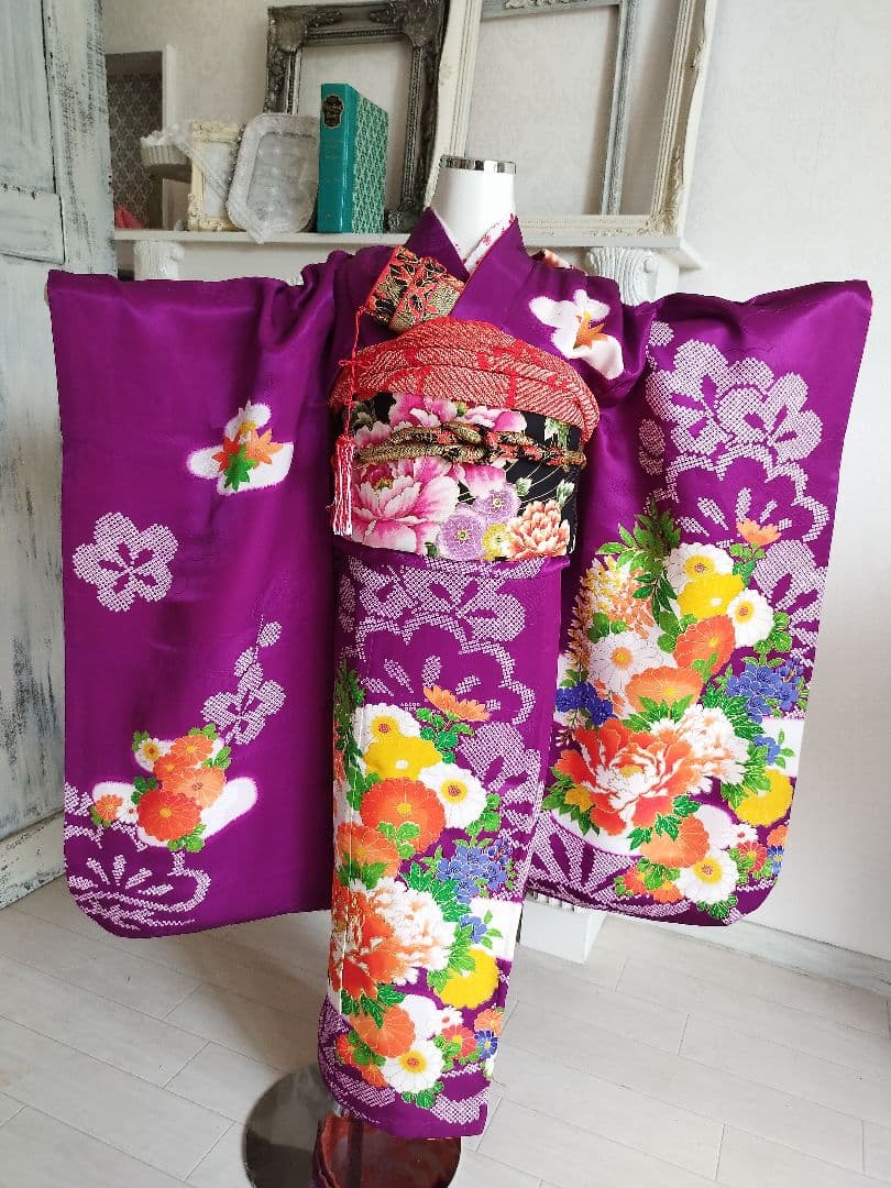 アンティーク正絹古典調紫の着物単品