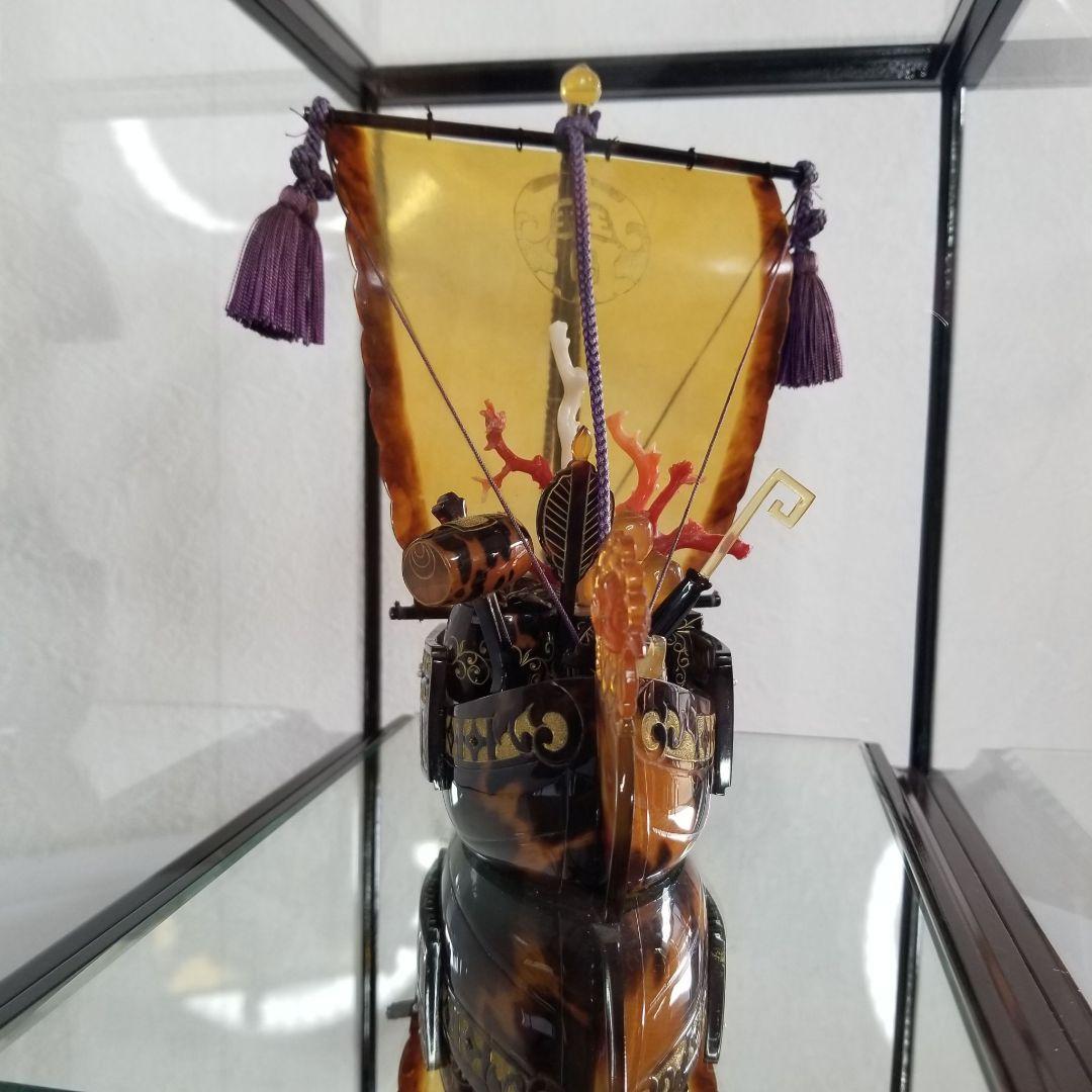 本鼈甲 べっ甲 鳳凰宝船 置物 血赤珊瑚、白珊瑚 ガラスケース 縁起物